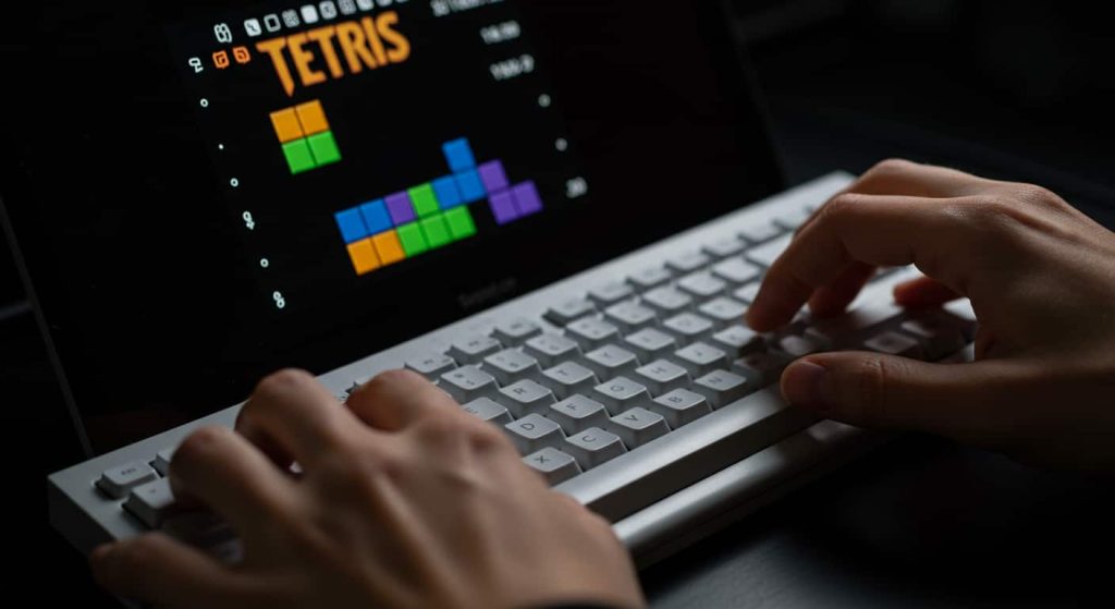 키보드로 조작하며 블록이 내려오고, 점수·다음 블록 창 등이 보이는 플래시 테트리스 실제 게임 화면.